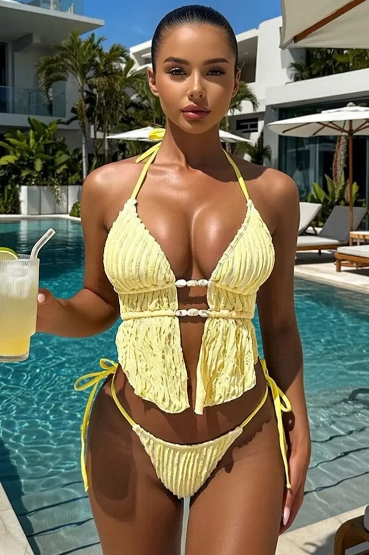 Yellow Textured Fabric White Natural Stones Decor Sexy 2Pc Swimsuit